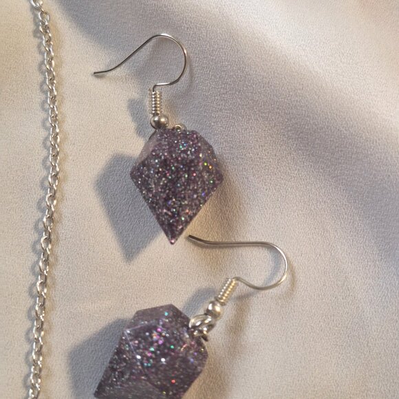 Artisan Handmade Resin Holographic Purple Gem Shape Necklace Earring Jewelry Set - Picture 4 of 6